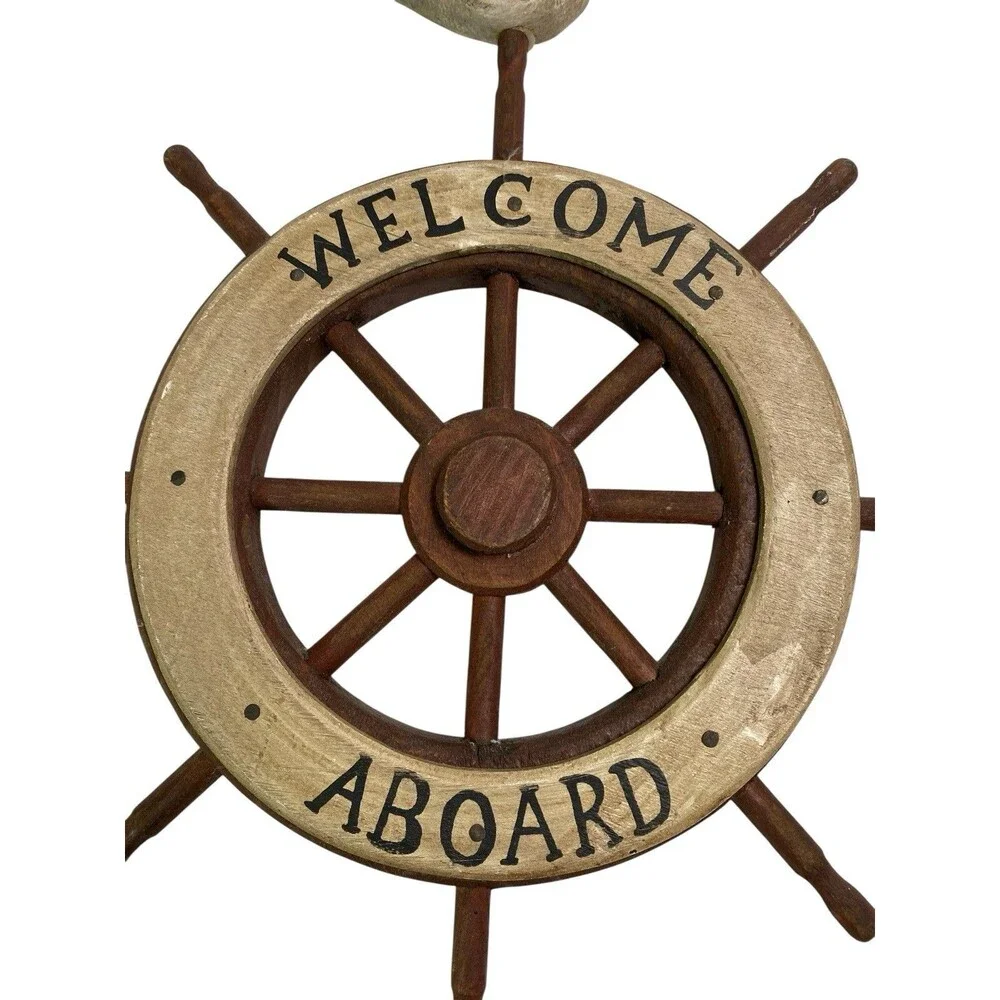 Welcome Aboard Nautical Wood Sign, Ship Wheel, Seagull Beach Decor 12x10